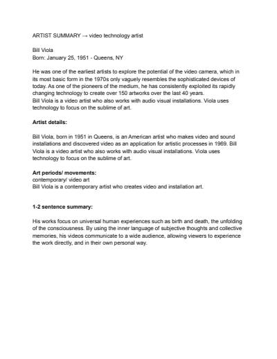 Cover page of Visual arts - Bill Viola artist summary (contemporary artist)