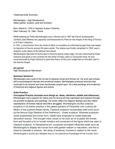 Cover page of Visual arts - Michelangelo artist summary notes (traditional artist)