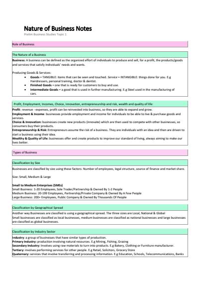 Cover page of Nature of Business Study Notes - PRELIM