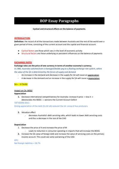 Cover page of Economics: Balance of Payments Essay Plan