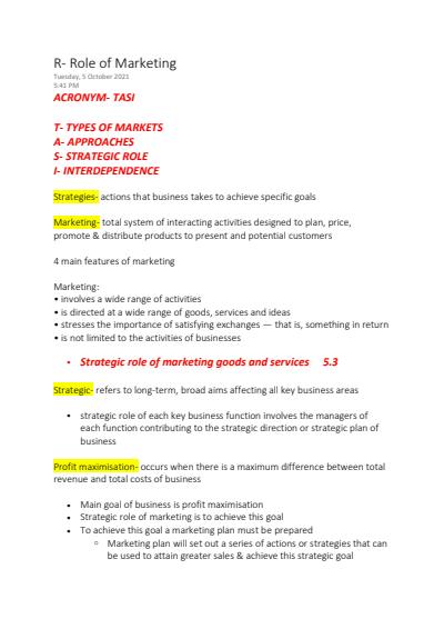 Cover page of Year 12 Business Marketing Notes