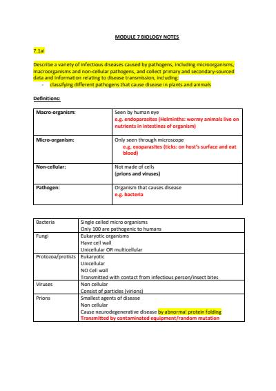 Cover page of Band 6 - Module 7 biology notes 