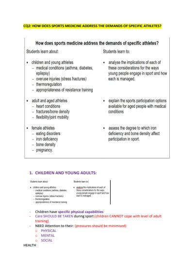 Cover page of Band 6 - PDHPE Sports medicine notes (Critical questions 2 +4)
