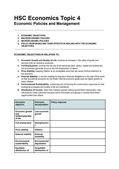 Cover page of HSC Economics Topic 4 - Economic Policies and Management