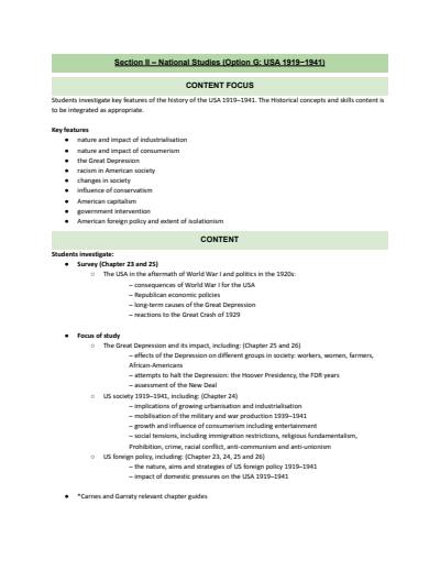 Cover page of SECTION II — National Studies (Option G: USA 1919−1941) FULL SYLLABUS NOTES + CASE STUDIES