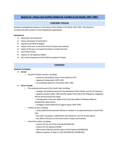 Cover page of SECTION III – Peace and Conflict (Option B: Conflict in the Pacific 1937−1951) FULL SYLLABUS NOTES