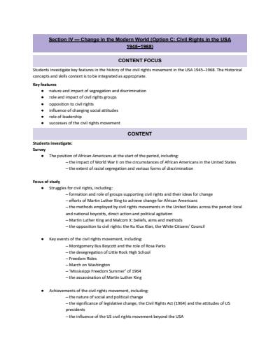 Cover page of SECTION IV — Change in the Modern World (Option C: Civil Rights in the USA 1945−1968) FULL SYLLABUS NOTES