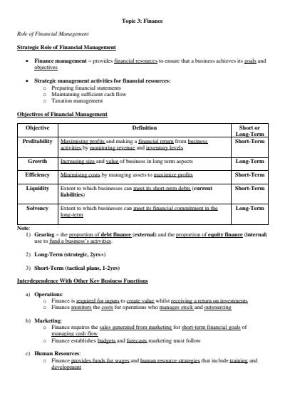 Cover page of BAND 6 - HSC Business Studies Finance Notes