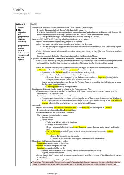 Cover page of HSC Sparta Notes 