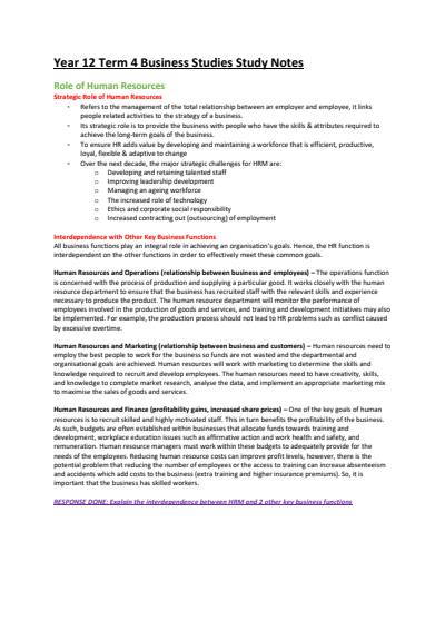 Cover page of BAND 6 Year 12 HUMAN RESOURCES (HR) Business Studies Study Notes - ATAR 98.35
