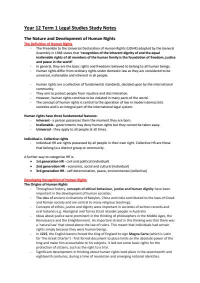Cover page of BAND 6 Year 12 HUMAN RIGHTS Legal Studies Study Notes - ATAR 98.35