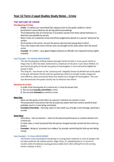 Cover page of BAND 6 Year 12 CRIME Legal Studies Study Notes - ATAR 98.35