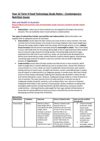 Cover page of 1st IN STATE - BAND 6 Year 12 CONTEMPORARY NUTRITION ISSUES Food Technology Study Notes - ATAR 98.35