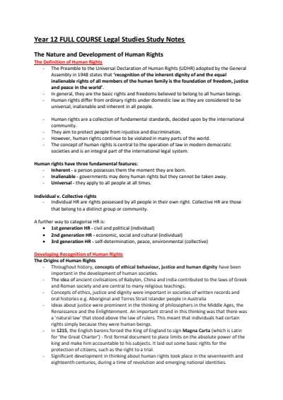 Cover page of BAND 6 Year 12 FULL COURSE Legal Studies Study Notes - HR, CRIME, WO, GEP - ATAR 98.35