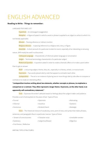 Cover page of English Advanced - Preliminary Course Notes
