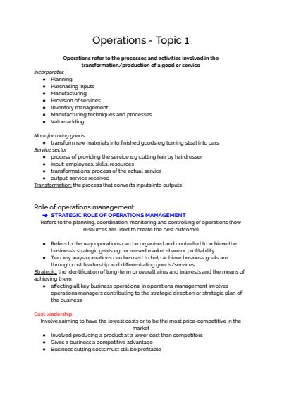 Cover page of Operations - Business Band 6 Year 12 HSC full syllabus notes