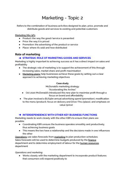 Cover page of Marketing - Business Band 6 Year 12 HSC full syllabus notes