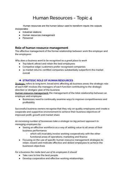 Cover page of Human Resources - Business Band 6 Year 12 HSC full syllabus notes