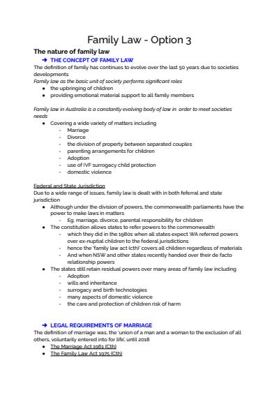 Cover page of Family Law - Legal Band 6 Year 12 HSC syllabus notes