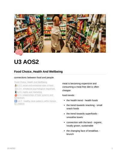 Cover page of Unit 3 Area of Study 2 - Food Choice, Health And Wellbeing