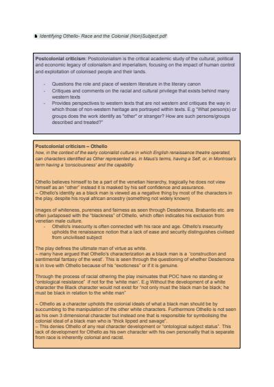 Cover page of Year 11, Othello - Critical Lenses Summaries