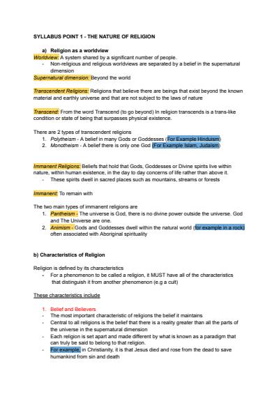 Cover page of SOR2 - The Nature of Religion Summary Notes