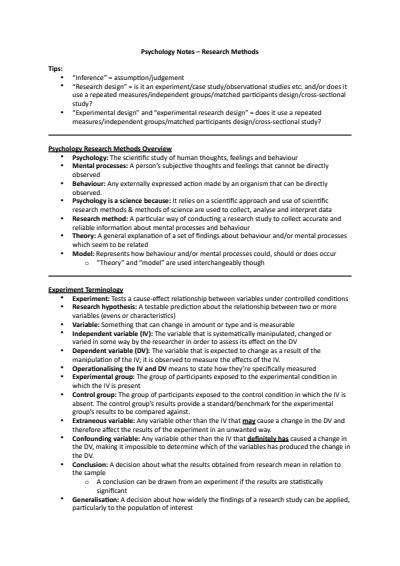 Cover page of Psychology Notes – Research Methods Unit 3 and 4 VCE