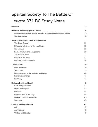 Cover page of Spartan Society To The Battle Of Leuctra 371 BC Study Notes