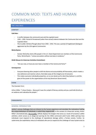 Cover page of Year 12 English Advanced Common Module (The Crucible) Notes