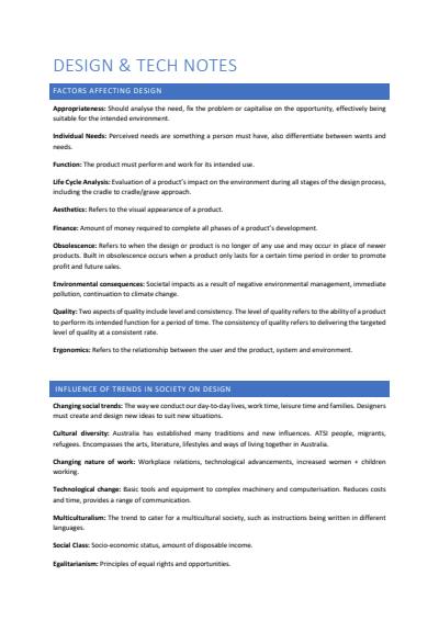 Cover page of Year 12 Design and Technology Notes