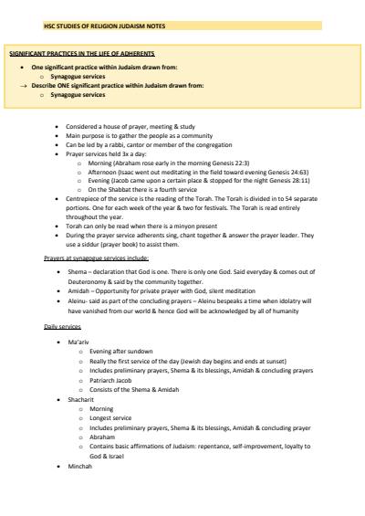 Cover page of STUDIES OF RELIGION 2U: JUDAISM COMPLETE NOTES (SYNAGOGUE SERVICES, ENVIRONMENTAL ETHICS, HESCHEL)