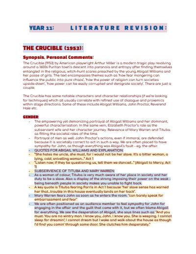 Cover page of Year 11 Literature ATAR Exam Notes: "The Crucible", Seamus Heaney "Act of Union" and "Tollund Man"