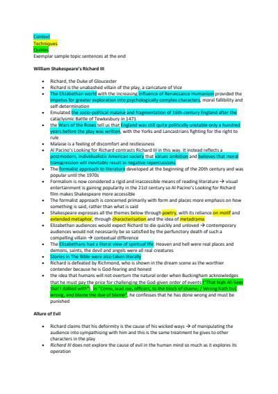 Cover page of HSC ENGLISH ADVANCED MODULE A RICHARD III AND LOOKING FOR RICHARD NOTES (8TH IN NSW STATE RANKER, 99.95 ATAR)