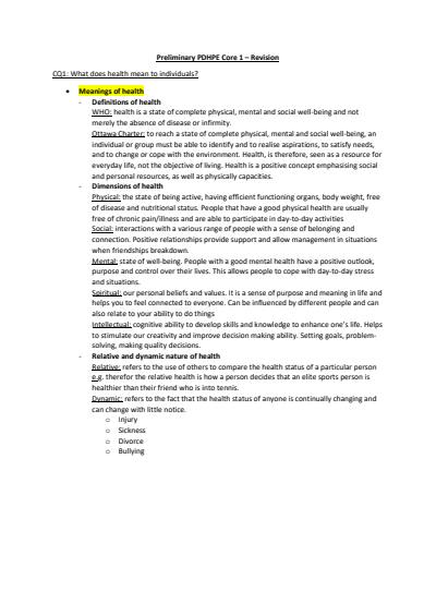 Cover page of Preliminary PDHPE Core 1 - Detailed notes