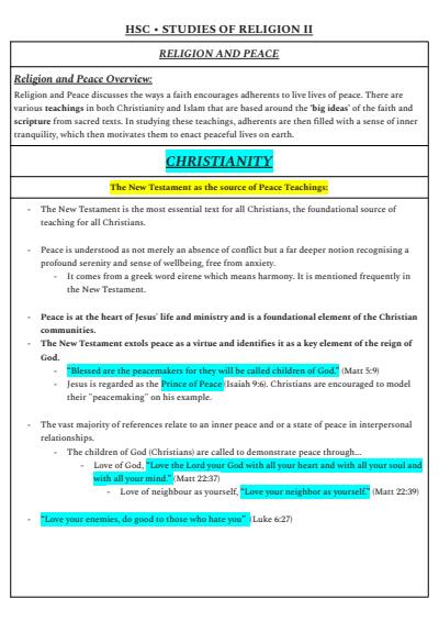 Cover page of Religion + Peace SOR II Full Syllabus Notes (10pgs - 95 mark)