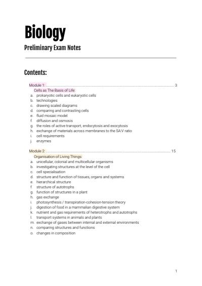 Cover page of Preliminary Biology Notes 