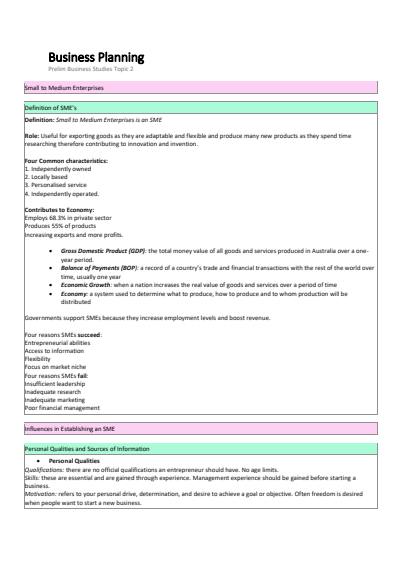Cover page of Business Planning - PRELIM Business Studies Notes: Topic 2
