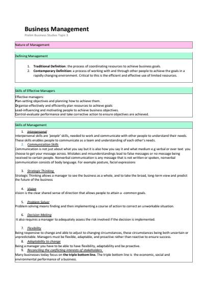 Cover page of Business Management - PRELIM Business Studies Notes: Topic 3