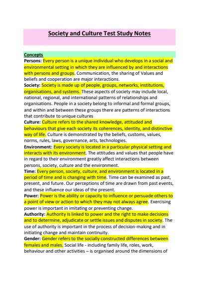 Cover page of Band 5 Society and Culture Study Notes