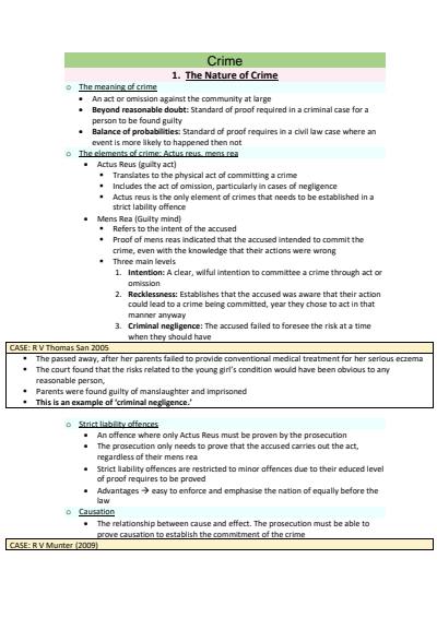 Cover page of Band 5 Legal study Notes - Crime