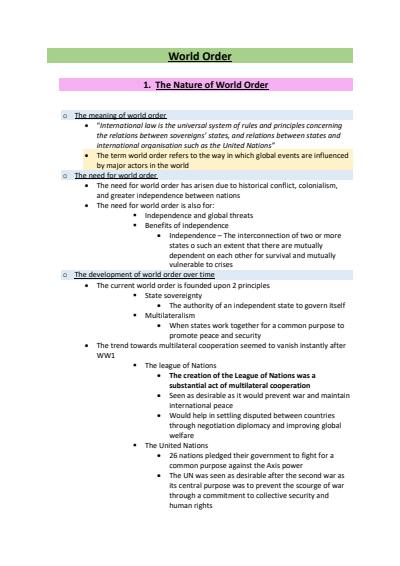 Cover page of Band 5 Legal Study Notes - World Order