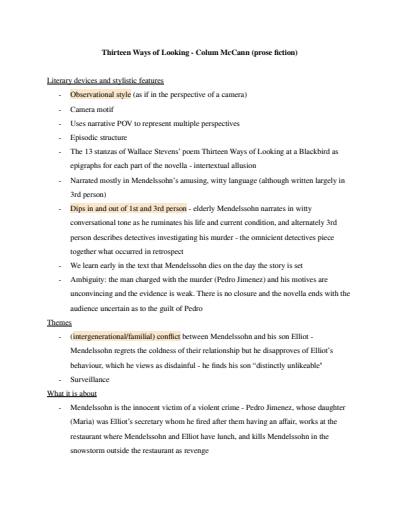 Cover page of Craft of Writing (module C) text notes