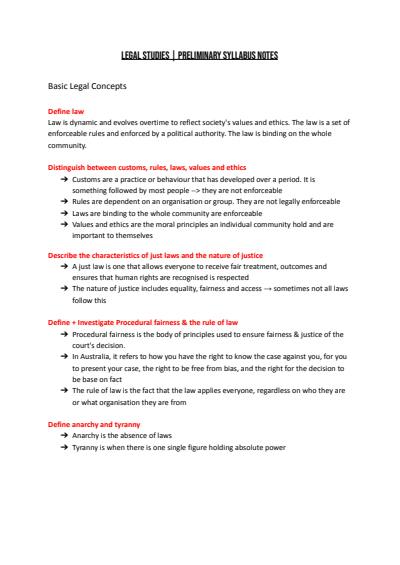 Cover page of Year 11 Legal Studies Notes