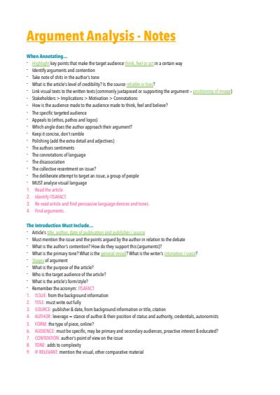 Cover page of VCE English - Argument Analysis Notes & Tips - 40+ study score
