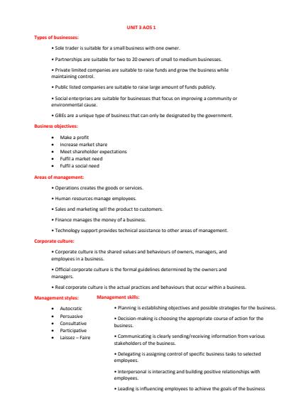 Cover page of VCE Business Management Units 3/4 Exam Revision Content Overview
