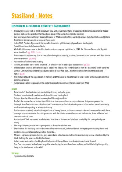 Cover page of VCE English - Stasiland Text Response - 40+ study score