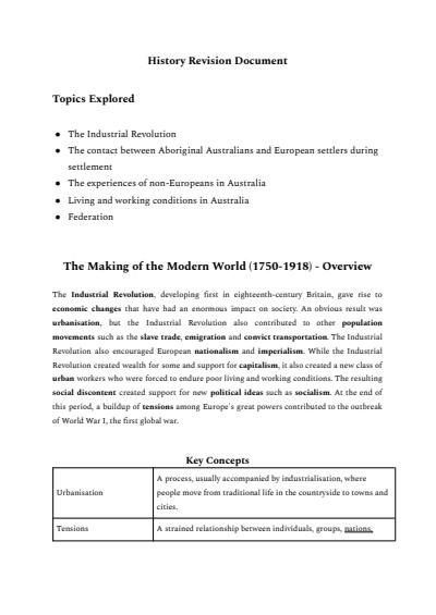 Cover page of Year 10 History Notes - Australian Federation and Industrial Revolution
