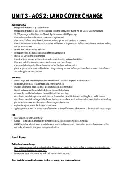 Cover page of VCE Geography - Unit 3 Land Cover Change - 40+ study score