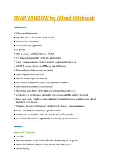 Cover page of VCE English - Rear Window Text Response - 40+ study score