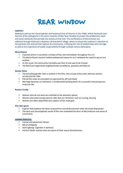 Cover page of A+ REAR WINDOW NOTES by 90+ ATAR